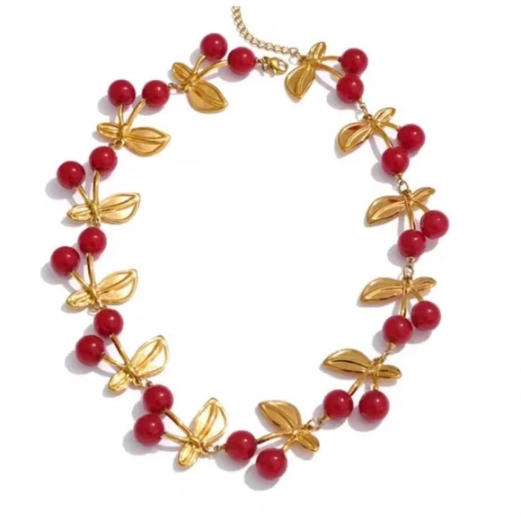 Cherry Design Gold and Red Beaded Stainless Steel Necklace - Picture 11 of 11